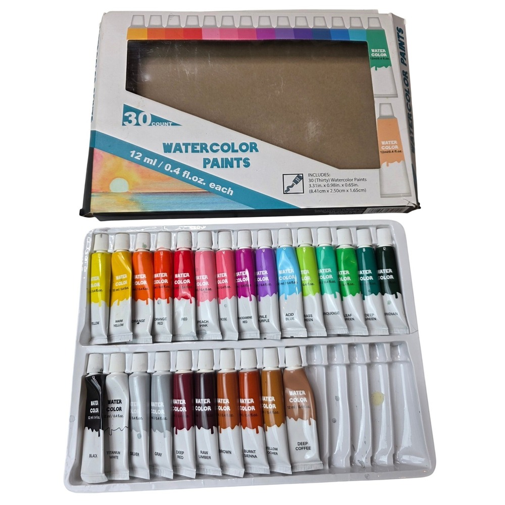 30 Count Watercolor Paints Set 12ml Tubes Artist Grade Assorted Colors 0.4 fl oz